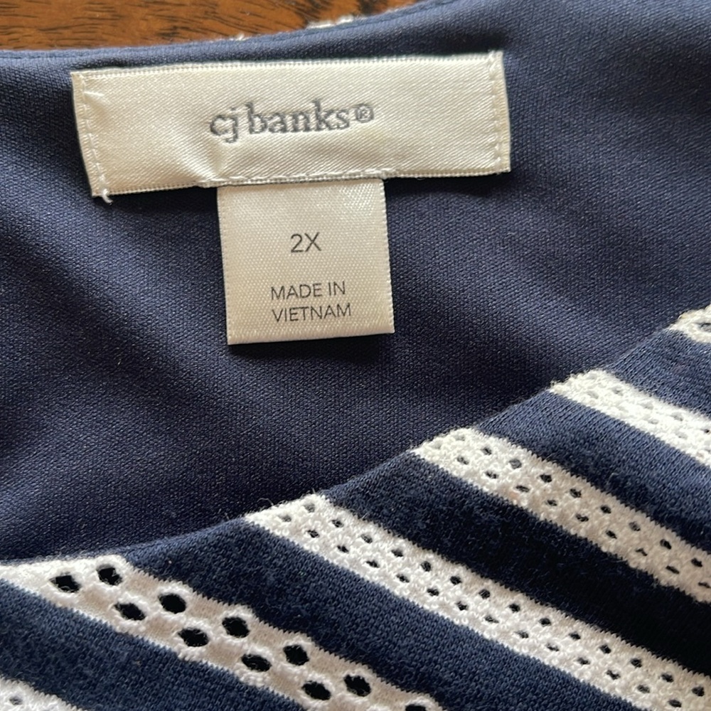 CJ Banks Navy Blue and White Striped Short Sleeve Top - Picture 4 of 8